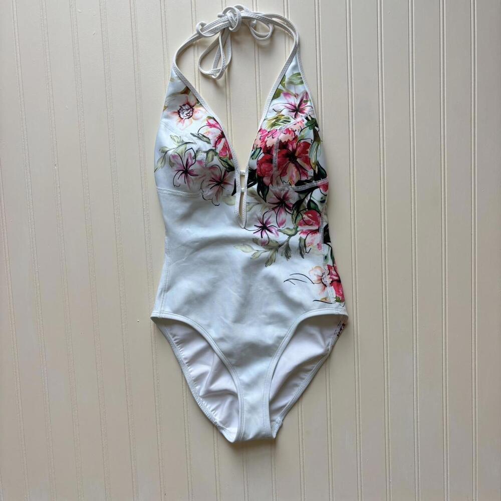 Robin Pincone Floral white halter one piece swimsuit